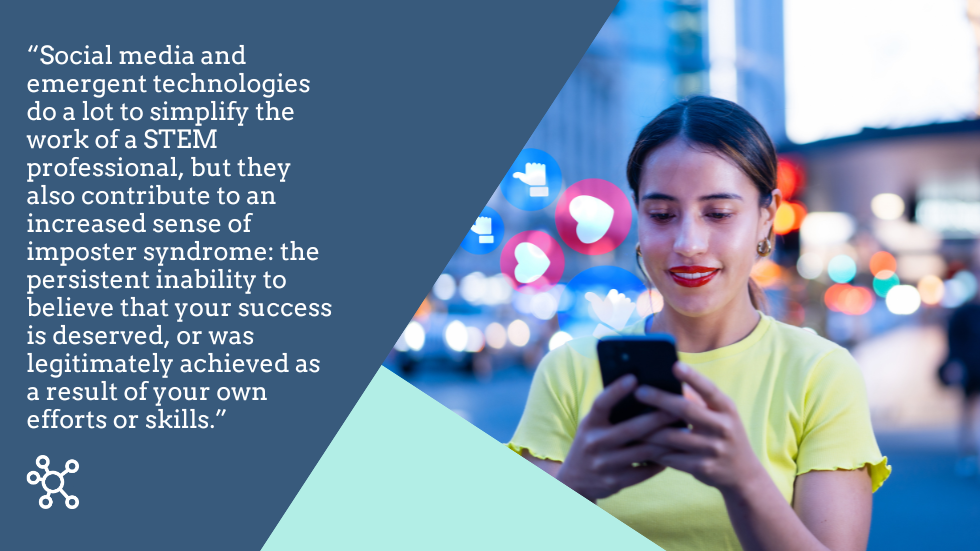Woman looking at phone, hearts and thumbs up appearing as though she is scrolling through social media platforms