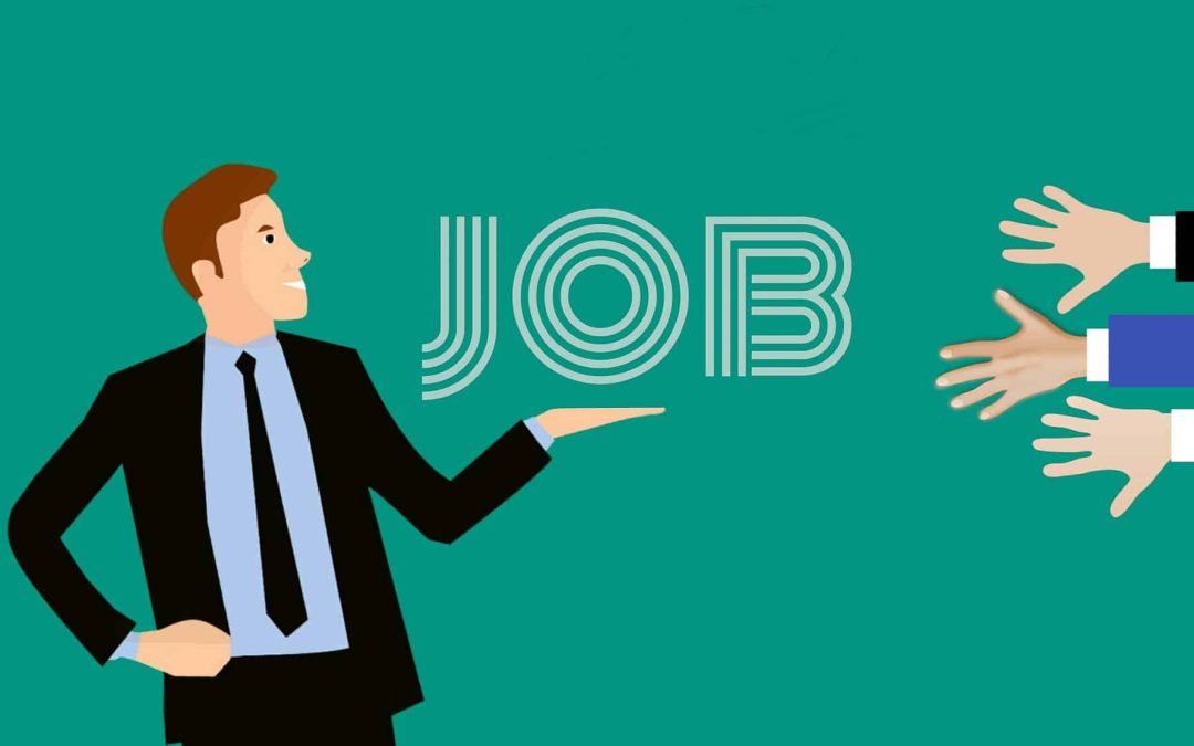 cartoon figure holding a sign saying job