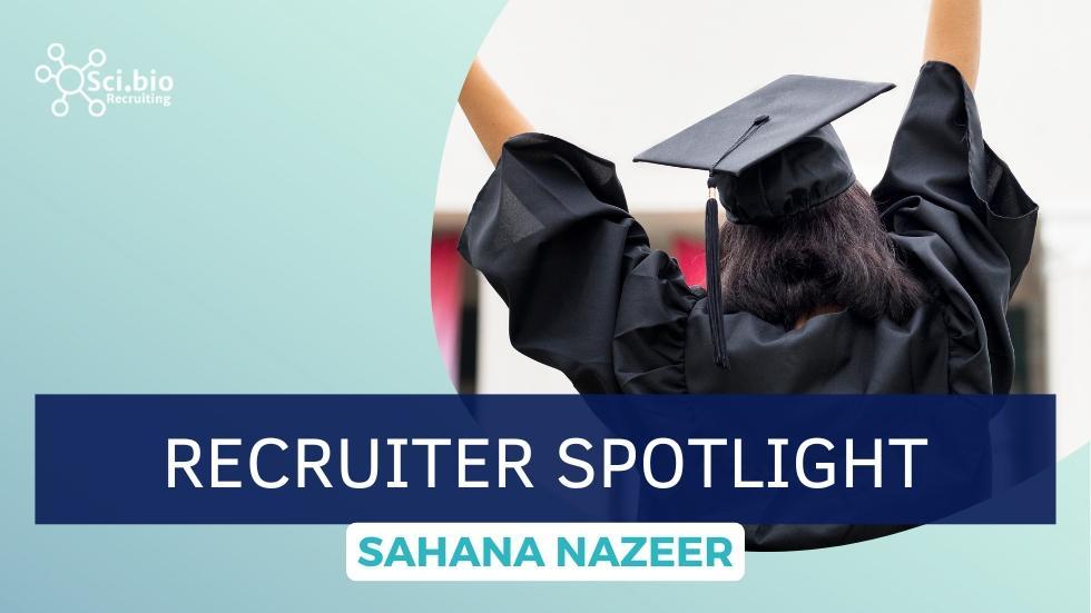 Title Recruiter Spotlight with graduate in black cap and gown facing away from camera